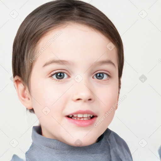 Joyful white child female with short  brown hair and brown eyes