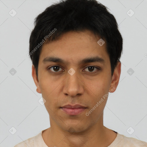 Neutral latino young-adult male with short  black hair and brown eyes