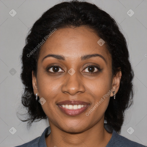 Joyful black young-adult female with medium  black hair and brown eyes