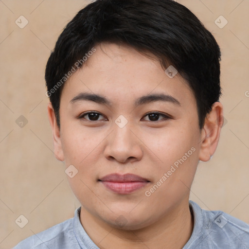 Joyful asian young-adult female with short  brown hair and brown eyes