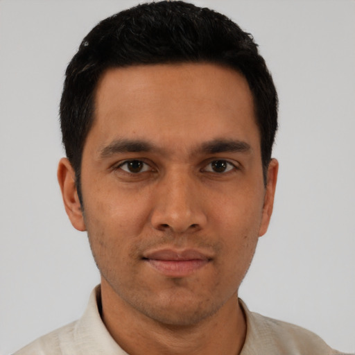 Neutral latino young-adult male with short  black hair and brown eyes