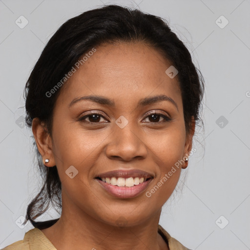 Joyful latino young-adult female with long  black hair and brown eyes