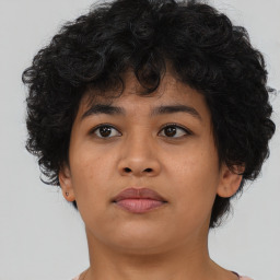 Neutral asian young-adult female with short  brown hair and brown eyes