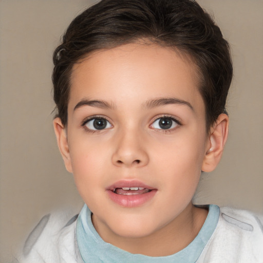 Joyful white child female with medium  brown hair and brown eyes