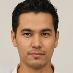 Neutral asian young-adult male with short  black hair and brown eyes