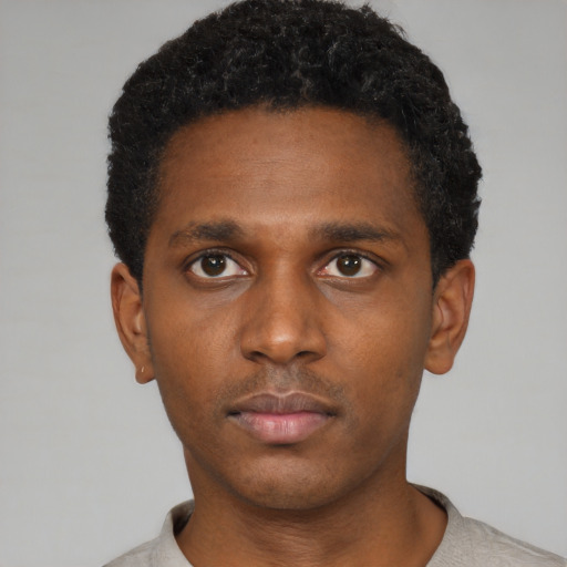 Neutral black young-adult male with short  black hair and brown eyes