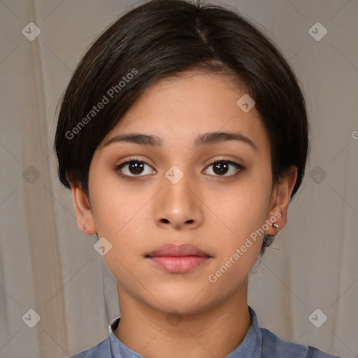 Neutral white young-adult female with medium  brown hair and brown eyes