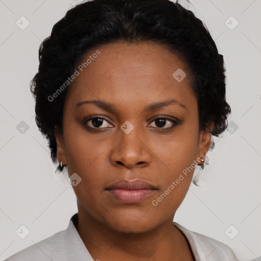 Neutral black young-adult female with short  black hair and brown eyes