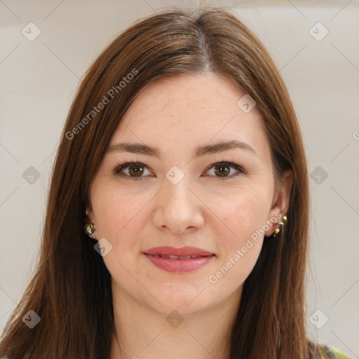 Joyful white young-adult female with long  brown hair and green eyes