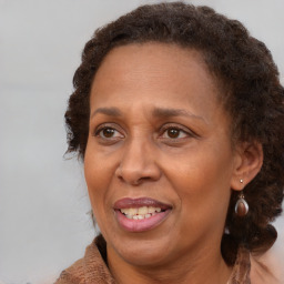 Joyful black adult female with medium  brown hair and brown eyes