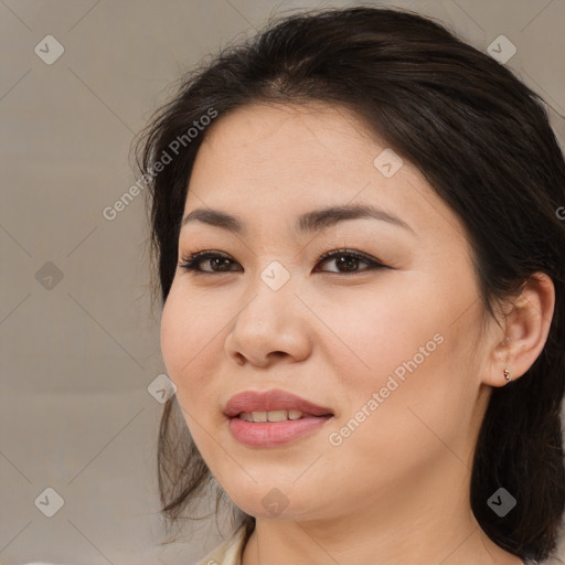 Joyful white young-adult female with medium  brown hair and brown eyes