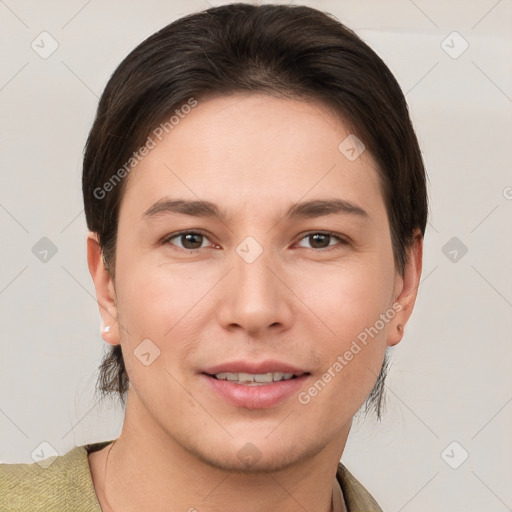 Joyful white young-adult female with short  brown hair and brown eyes