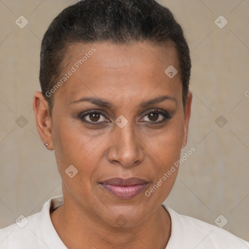 Joyful black adult female with short  brown hair and brown eyes