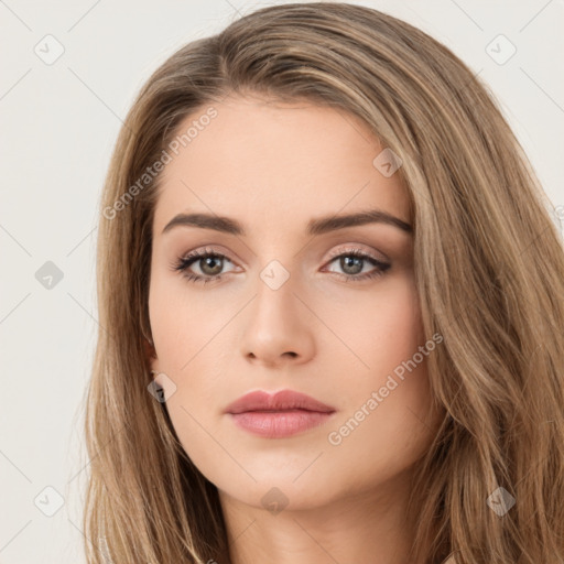 Neutral white young-adult female with long  brown hair and brown eyes