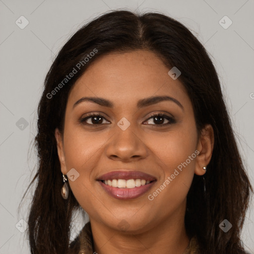 Joyful latino young-adult female with long  brown hair and brown eyes