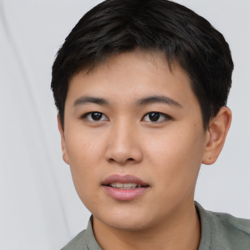 Neutral asian young-adult male with short  brown hair and brown eyes