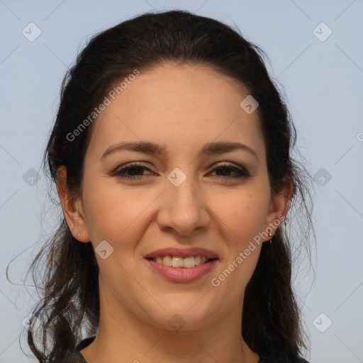 Joyful white young-adult female with long  brown hair and brown eyes