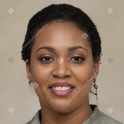 Joyful latino young-adult female with short  black hair and brown eyes