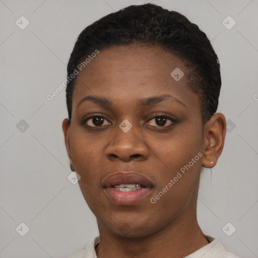 Neutral black young-adult female with short  black hair and brown eyes