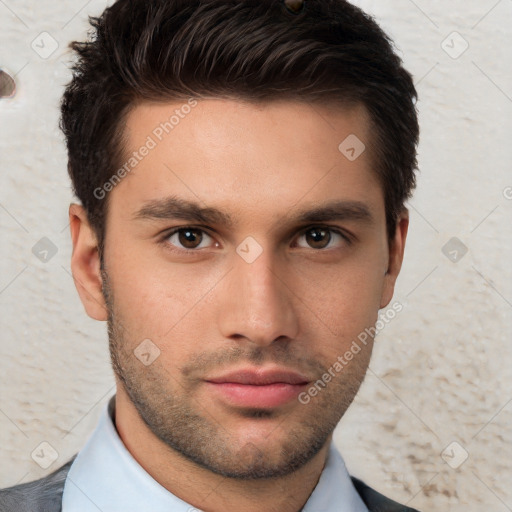 Neutral white young-adult male with short  brown hair and brown eyes