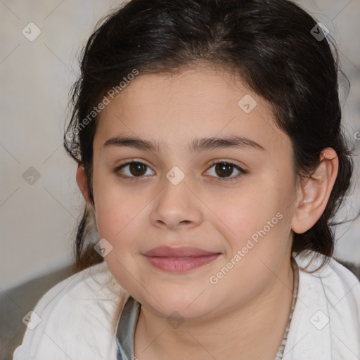 Joyful white child female with medium  brown hair and brown eyes