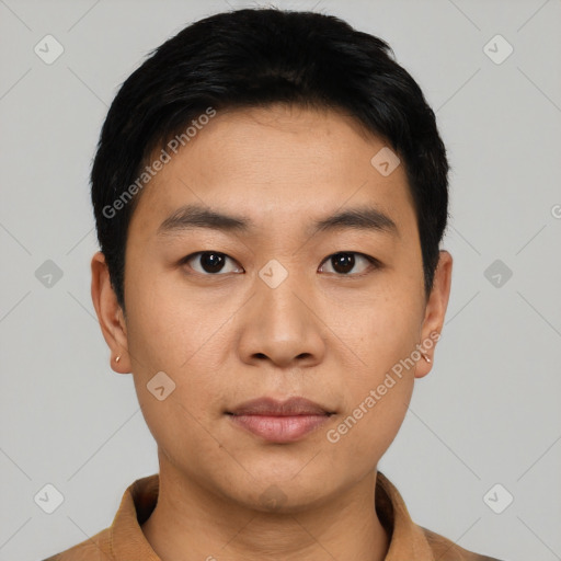 Neutral asian young-adult male with short  black hair and brown eyes