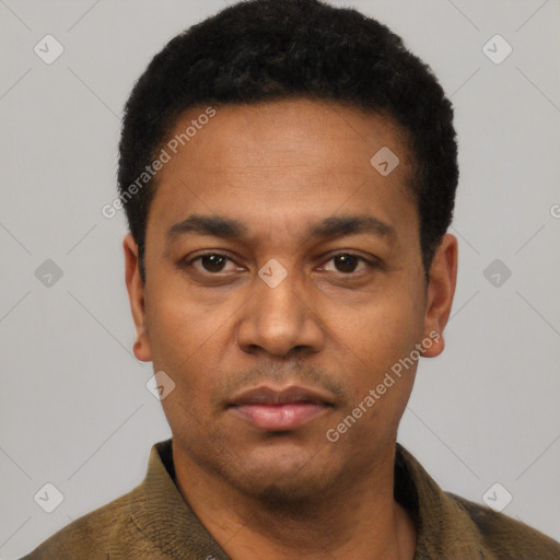 Neutral latino young-adult male with short  black hair and brown eyes