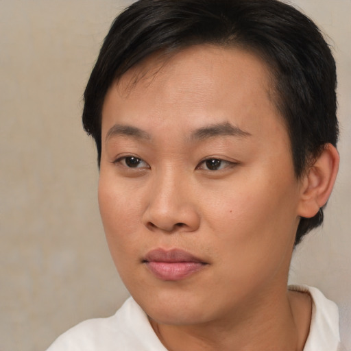 Neutral asian young-adult female with short  brown hair and brown eyes