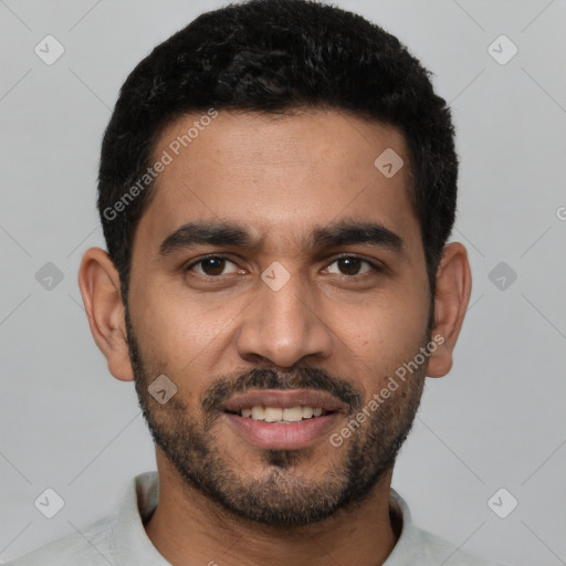 Joyful latino young-adult male with short  black hair and brown eyes
