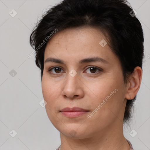 Joyful white young-adult female with medium  brown hair and brown eyes