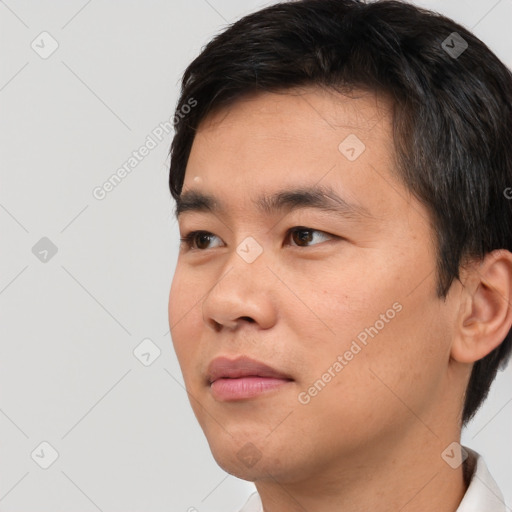 Neutral asian young-adult male with short  black hair and brown eyes