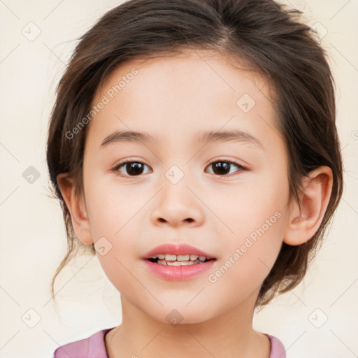 Joyful white child female with medium  brown hair and brown eyes