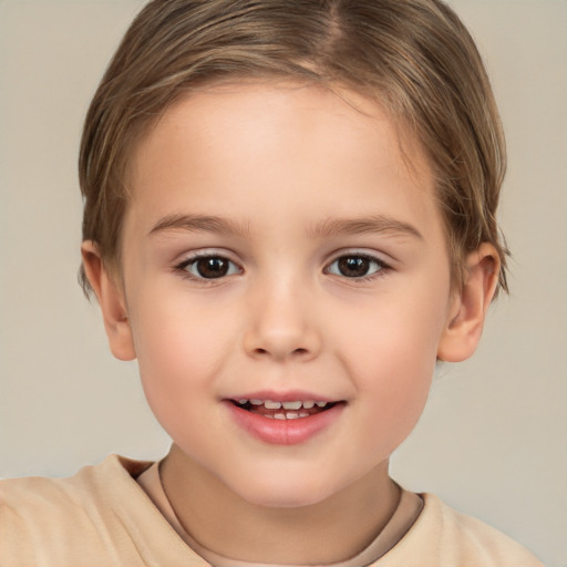 Joyful white child female with short  brown hair and brown eyes