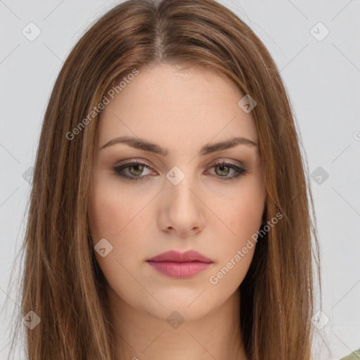 Neutral white young-adult female with long  brown hair and brown eyes