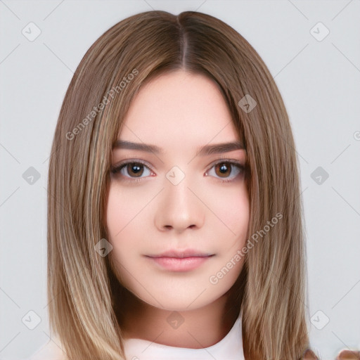 Neutral white young-adult female with long  brown hair and brown eyes