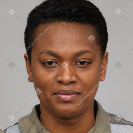 Joyful black young-adult female with short  black hair and brown eyes