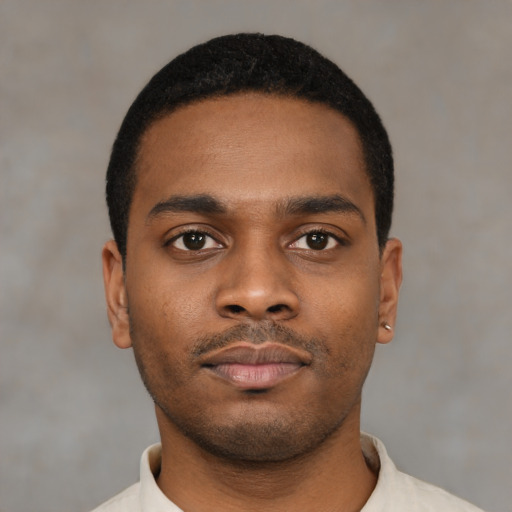 Neutral black young-adult male with short  black hair and brown eyes