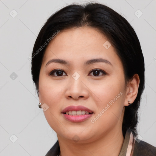 Joyful white young-adult female with medium  brown hair and brown eyes