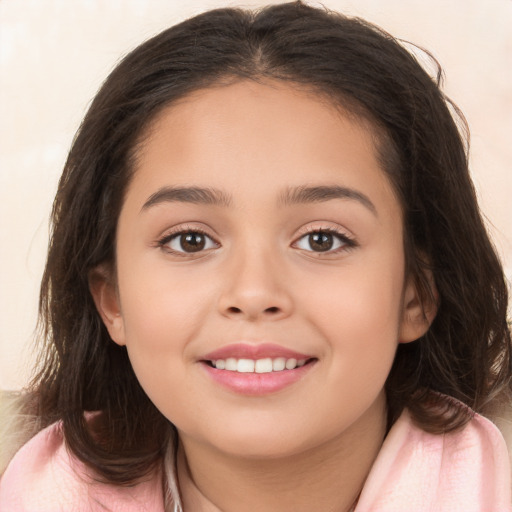 Joyful white child female with medium  brown hair and brown eyes