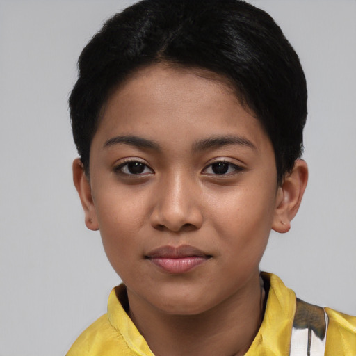 Joyful asian young-adult female with short  black hair and brown eyes