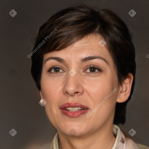 Joyful white adult female with medium  brown hair and brown eyes