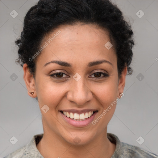 Joyful latino young-adult female with short  brown hair and brown eyes