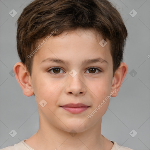 Joyful white child male with short  brown hair and brown eyes