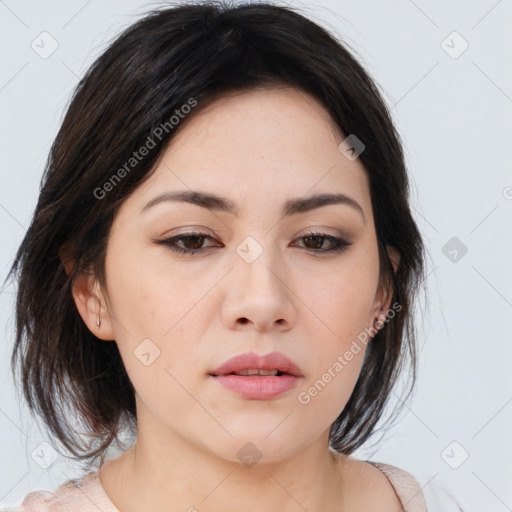 Neutral white young-adult female with medium  brown hair and brown eyes