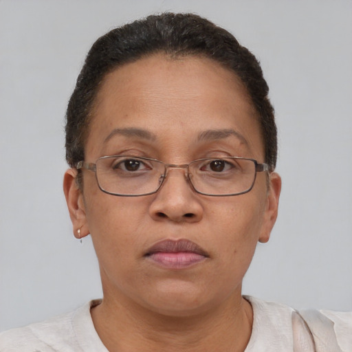 Neutral asian adult female with short  brown hair and brown eyes