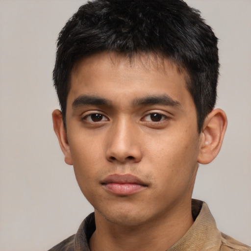 Neutral asian young-adult male with short  black hair and brown eyes