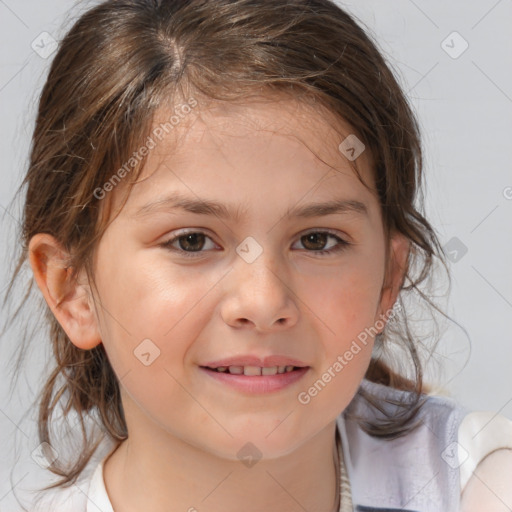 Joyful white child female with medium  brown hair and brown eyes