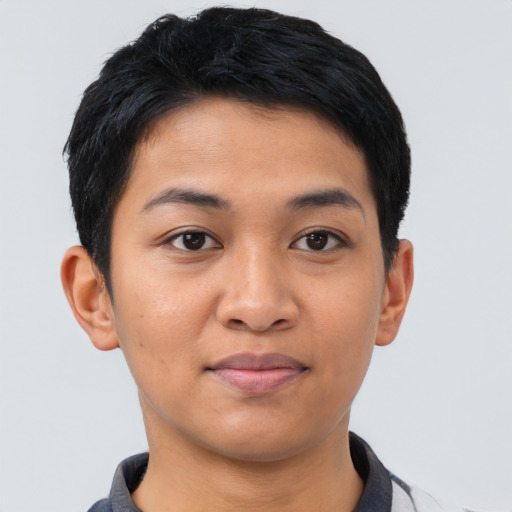 Joyful asian young-adult male with short  black hair and brown eyes