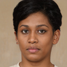 Neutral asian young-adult female with short  black hair and brown eyes