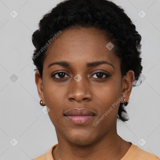 Neutral black young-adult female with short  black hair and brown eyes